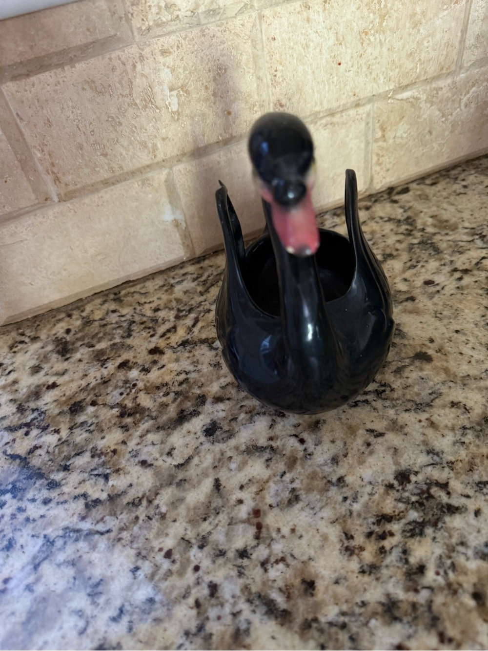 Black Ceramic Swan Figurine with Pink Beak